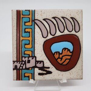 Southwestern Ceramic Tile Trivet or Wall Hanging 4"x4" Blue Brown Orange Bear Pa